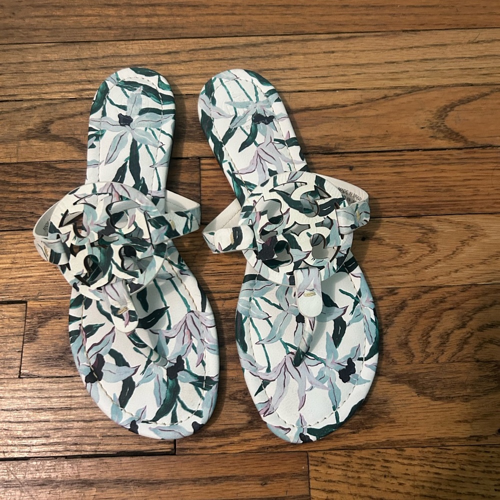 Tory Burch White and Green Floral Sandals